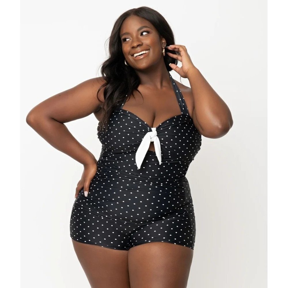NWT Unique Vintage Black & White Pin Dot Boy Short Pismo Romper Swimsuit XL/14